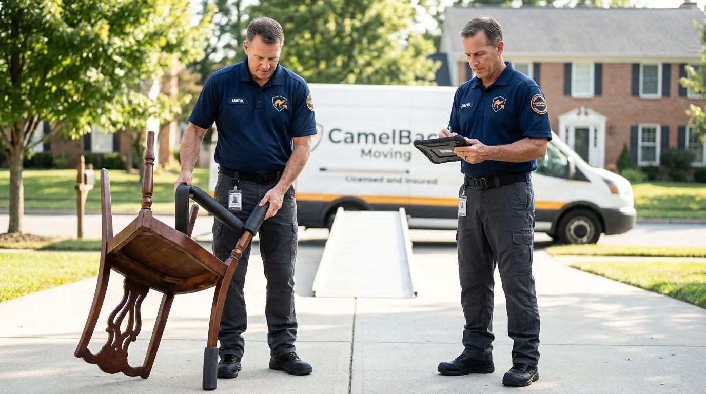 Movers inspecting furniture for damage prevention before loading in Warren, PA