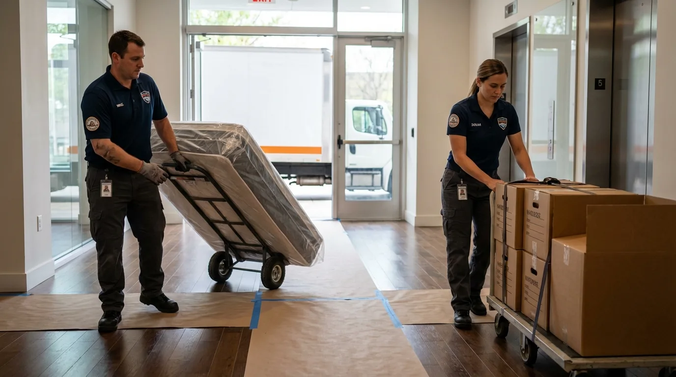 Professional apartment movers loading elevator in Warren, PA