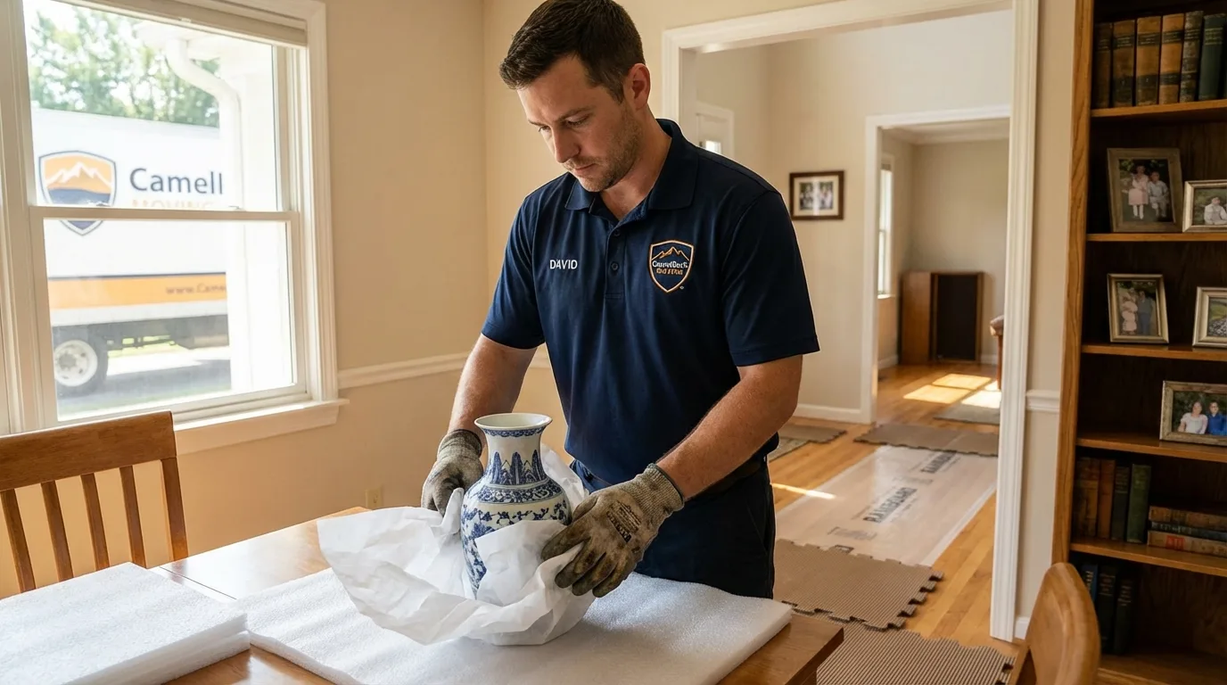 Professional crew carefully wrapping antique vase for senior downsizing move in Warren, PA